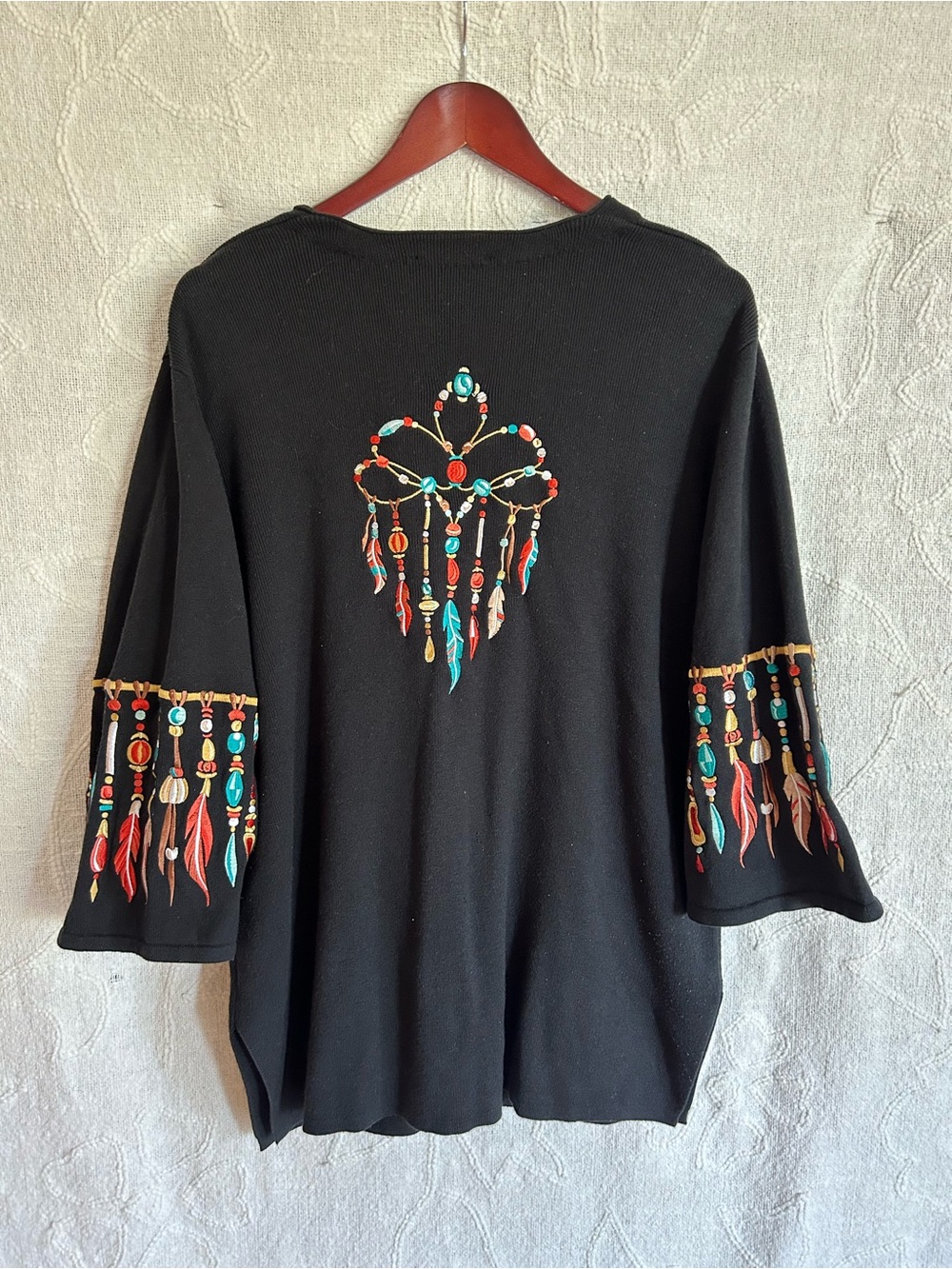 Bob Mackie Black Embroidered Bead & Feather Motif Tunic